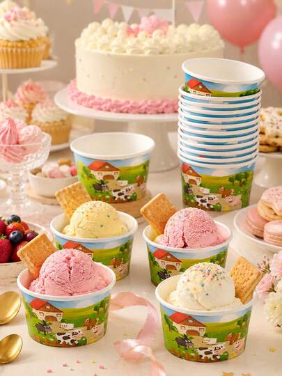 Farm Animal Print Disposable Ice Cream Cups, Disposable Party Supplies, Includes 10pcs And 20pcs Paper Bowls, Cartoon Farm Animal House Print Pattern, Childlike Pastoral Style, Ice Cream Cups, Cake Cups, Ice Cream Paper Bowls, Popcorn Cups, Suitable For Party Gatherings, Movie Theaters, Birthday Parties, Weddings, Picnics And Other Paper Bowl Uses