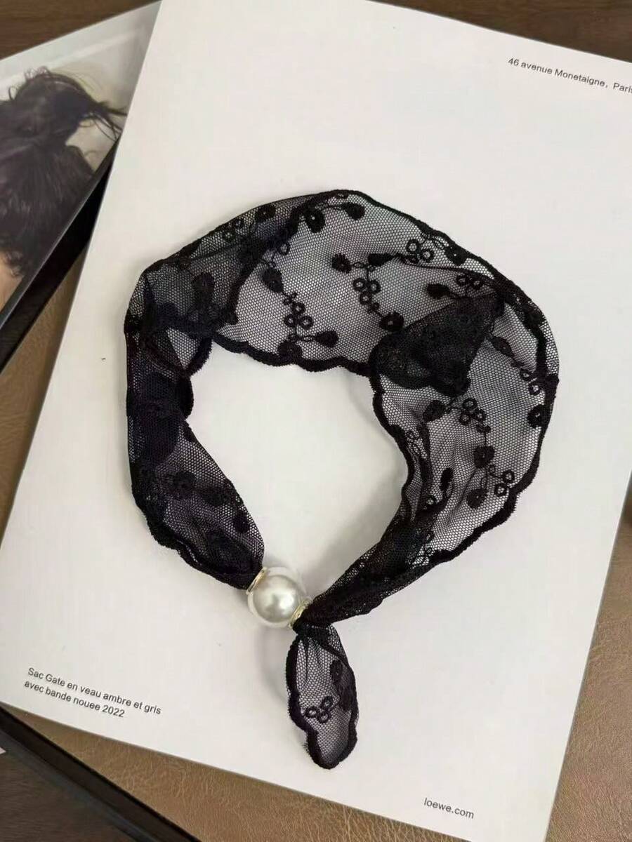 1pc New Solid Color Small Floral Print Wavy Edge Silk Scarf With Pearl Magnetic Buckle - Multicolor - View 1