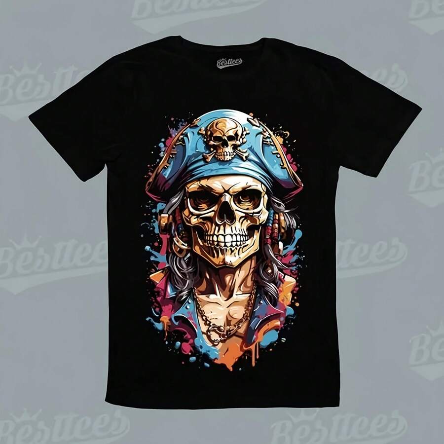 Unisex Short-Short T-Shirt With Artistic Neon Skull Print, Pirate Style - MultiWarna - View 1