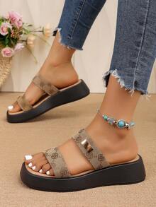 A Pair Khaki Monogram Double-Band Platform Slides, Slip-On Platform Slide Sandals,Casual Thick-Soled Sandals,Height-Increasing Platform Casual Slides - Camel - View 2