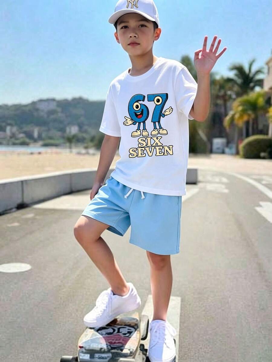 小男孩卡通圖案印花短袖T恤與短褲休閒套裝 - 白色 - 查看 1
