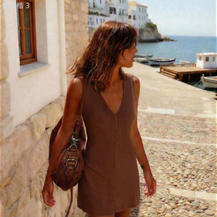 yonghongmaoyi1 Vestido de punto de unicolor albaricoque PARA BELLEZA para mujer, diseño de cuello en V sin mangas con botones, estilo casual de vacaciones, adecuado para el - Café integral - Ver 1