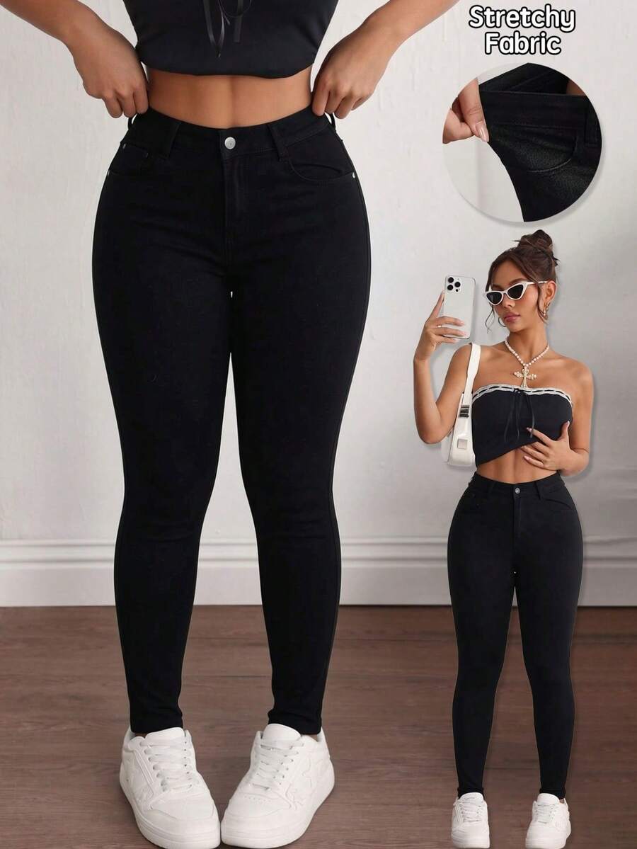 Women's Skinny Jeans With A Figure-Enhancing Design - 黑色 - 查看 1