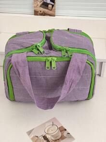 Bolso de mano acolchado a cuadros verdes y morados, organizador de cosméticos multifuncional con compartimentos, bolsa de maquillaje, bolsa de aseo, bolsa de cosméticos para viaje - Multicolor - Ver 8