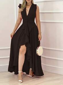 European American Summer Dresses, V-Neck, Sleeveless, Fitted, Long, Wide Skirt, Elegant, Casual, Perfect For Vacations And Parties, Women's Fashion - 黑色 - 查看 3
