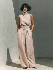 Conjunto primavera 2026 europeo‑americano: top sin mangas unicolor de tejido mixto elegante y pantalones wide leg para mujer. - rosa - Ver 5