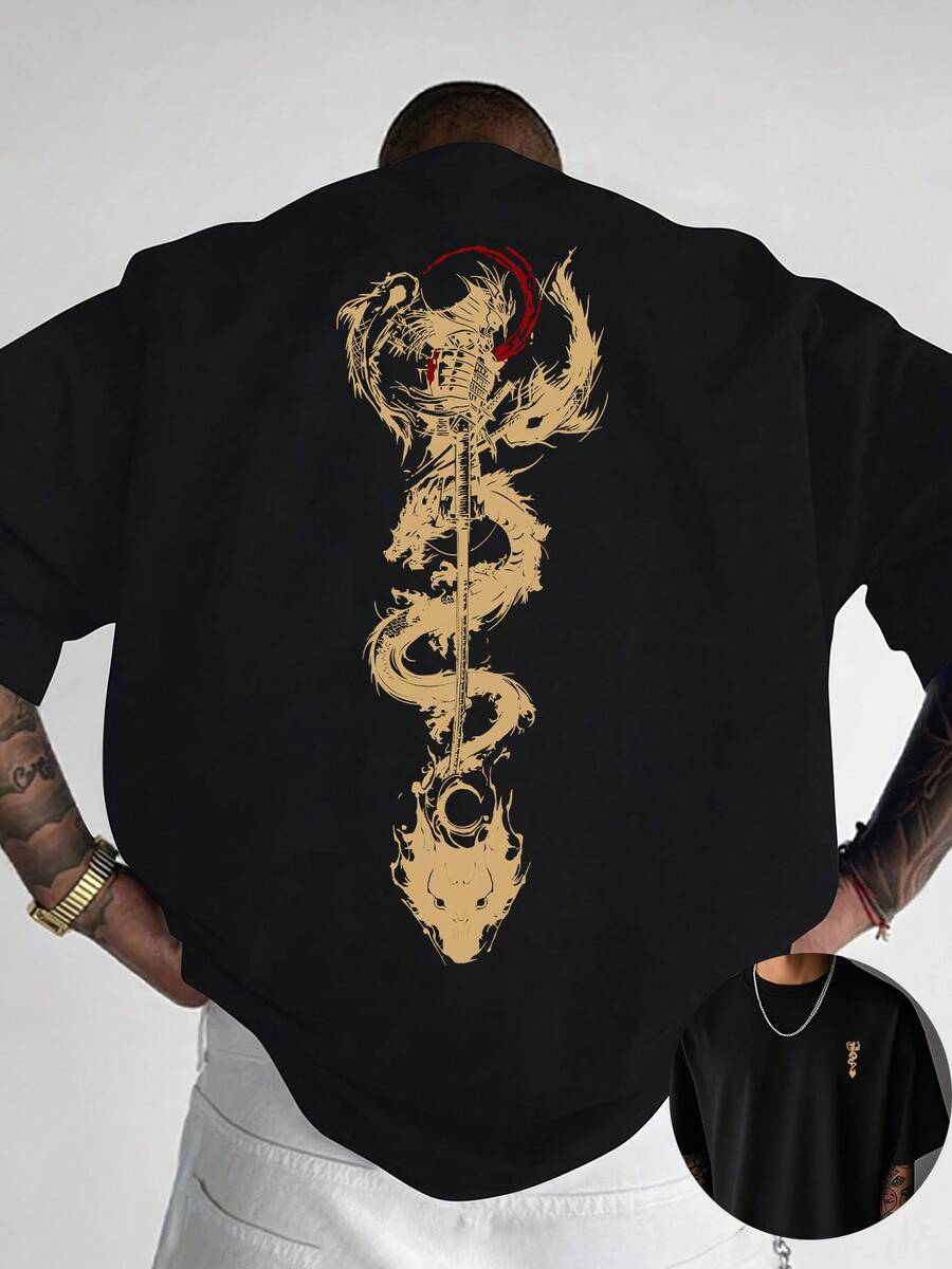 Crew Neck T-Shirt With Front And Back Print, Pure Cotton, Short Sleeve, Summer Fashion, Casual Style, Everyday Essential, Gift Option - Hitam - View 1
