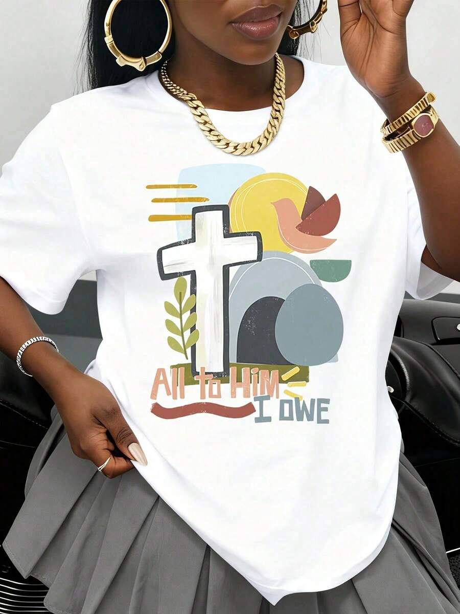 A Él Le Debo Todo, Camiseta con Cruz Cristiana, Declaración de Fe Religiosa, Camiseta Negra, Moda para Mujer, Regalo Espiritual, Ropa para Iglesia de Pascua - Blanco - Ver 1