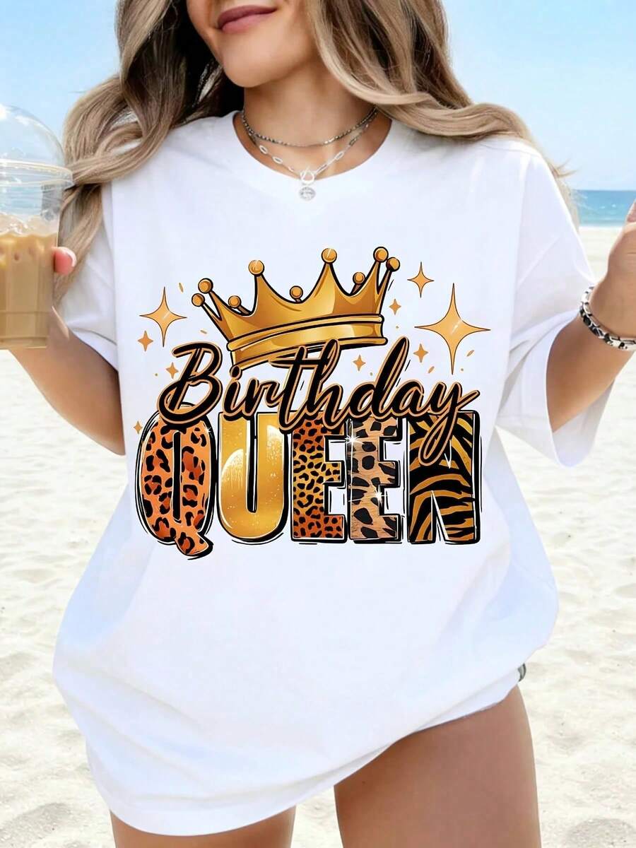 Camiseta de mujer con estampado de leopardo y corona de reina de cumpleaños, blanca, de talla grande, regalo de cumpleaños para ella, atuendo de fiesta, ropa de playa, top de verano. - Blanco - Ver 1