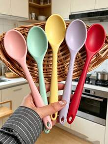 5pcs Heat Resistant Non-Stick Silicone Kitchen Spatula & Spoon Set, 8 Inch (20.5cm) Silicone Soup Spoon, Stirring Spoon, Ladle, Rice Spoon, Adult Tableware, Home Supplies, Cooking Stirring Baking Kitchen Utensils, Plate And Bowl Set - Multicolor - View 2