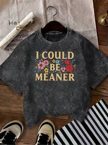 Camiseta de manga corta con cuello redondo y estampado gráfico "I Could Be Meaner", estilo retro casual, ideal para el día a día y con un aspecto lavado - Negro - Ver 1