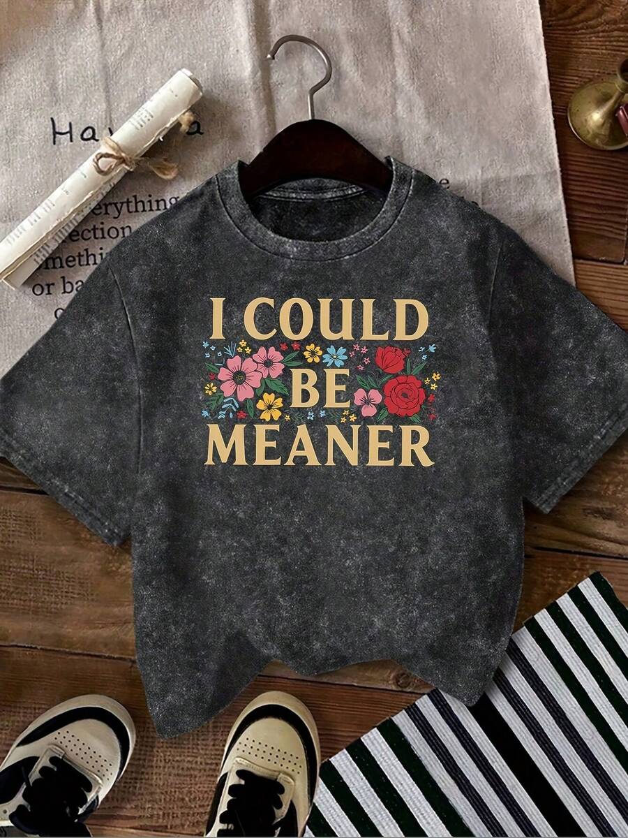 Camiseta de manga corta con cuello redondo y estampado gráfico "I Could Be Meaner", estilo retro casual, ideal para el día a día y con un aspecto lavado - Negro - Ver 1