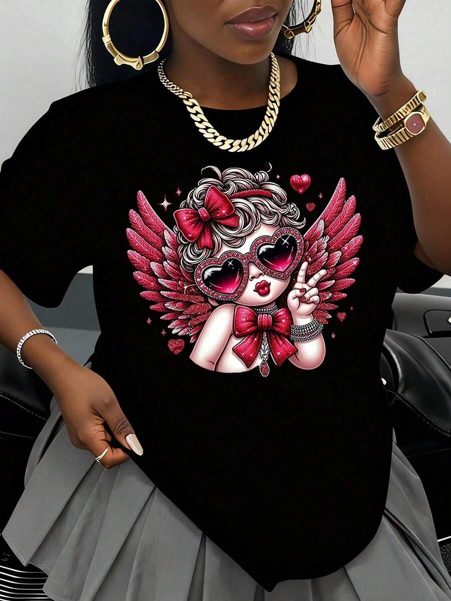 Camiseta Blanca con Estampado de Chica Ángel con Alas Rojas y Gafas de Sol en Forma de Corazón para Mujer, Regalo de San Valentín, Top Casual de Moda para Verano - Negro - Ver 1