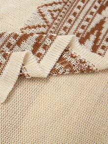 Plus Size Women's Geometric Pattern Loose Fit Vacation Cardigan - Apricot - View 8