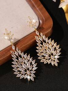 1 Pair Luxury Shiny Marquise Cubic Zirconia Pendant Earrings, Gold Leaf Shape Dangle Earrings, Elegant Bridal Wedding Party Women's - Yellow Gold - View 8
