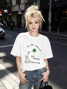 Women's Casual T-Shirt With Korean Clover Print And Drawings, Round Neck And Short Sleeve, Youthful Style - 黑色 - 查看 4