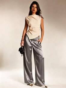 Pantalones de satén y seda de unicolor para mujer con bolsillos y cremallera, adecuados para vacaciones, oficina, brunch, aeropuerto, todo el año, negro primavera - Gris - Ver 4
