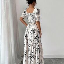 jianchaimaoyi02  Conjunto de 2 piezas con blusa de manga corta con diseño de puño y estampado floral + falda con abertura en el bajo, elegante para vacaciones y uso diario - Marrón - Ver 10