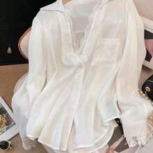 Blusa blanca semitransparente elegante, de manga larga y cuello en V, decorada con delicado encaje de contraste, primavera - Azul - Ver 2