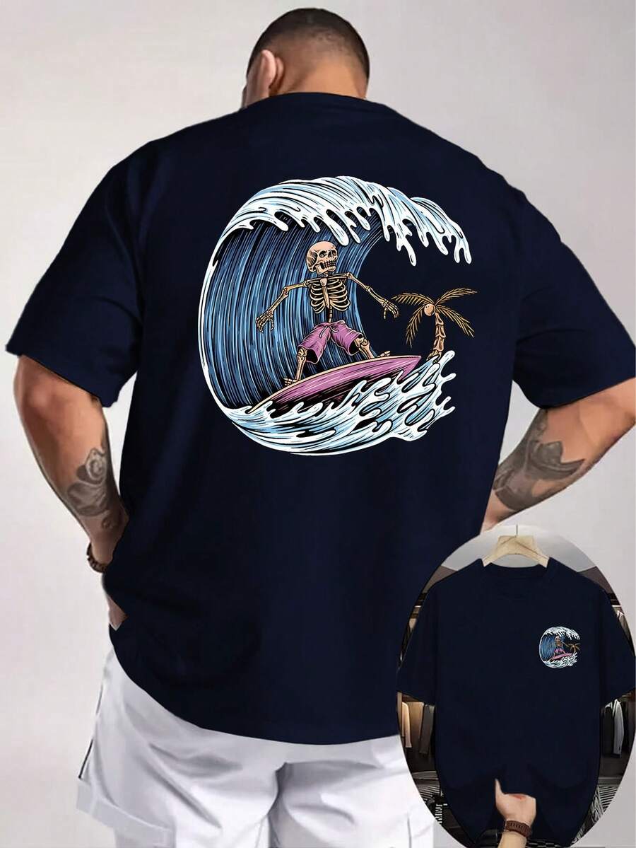 Men's T-Shirt With Double-Sided Print Of Skulls, Surfers, Waves And Palm Trees, Dark Vintage Surf Style, Comfortable And Versatile Top, Suitable For Daily Outdoor Gatherings. - 白色 - 查看 1