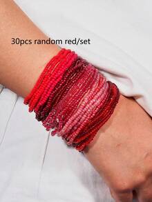 30 pièces Bracelet élastique style bohème vintage pour femmes, bracelet tressé avec perles de couleur dégradé rouge, accessoire mode pour vacances - Rouge - Voir 4