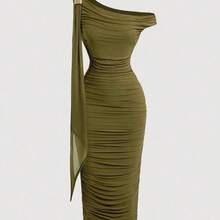 MOD Vestido de mujer de unicolor y longitud media con cuello asimétrico y drapeado, atuendos occidentales para mujeres, vestido de playa, atuendos de rave, vestido pastel - Negro1 - Ver 6