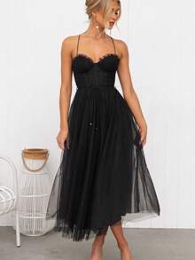 Women's Elegant European-Style Sheer Mesh Dress With Straps, Perfect For Dinner Parties, A New Fashion , And A Stylish, Feminine Casual Dress. - 黑色 - 查看 3