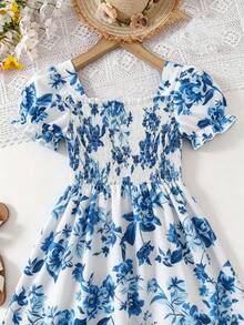 Girls' Sweet Heart Pattern Dress With Puff Sleeves, Ruffle Trim And Flounce Hem, Princess Dress For Summer Beach Holiday Party - Royal Blue - View 7