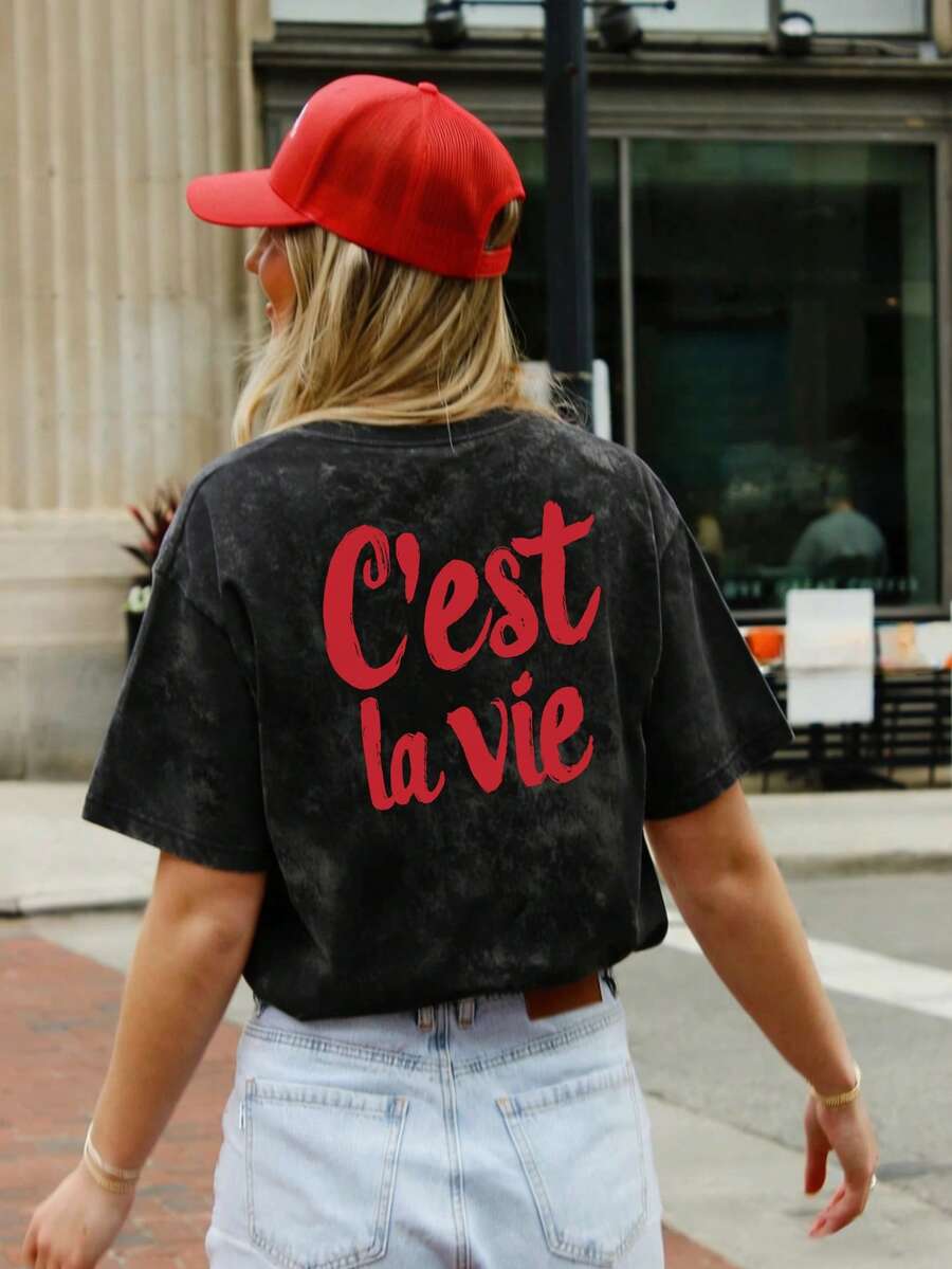 Women's Loose Fit Crew Neck Fashionable Versatile Colorful Letter Print Tie-Dye Short Sleeve T-Shirt, American Retro Style, Spring/Summer Casual Black - Black - View 1