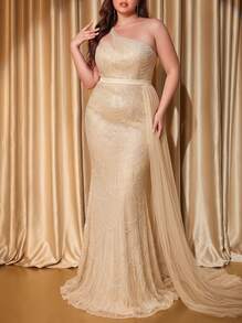 Voworia Plus Size Elegant Mermaid Style Long Evening Gown, Fitted Silhouette, Ruched Design To Accentuate Alluring Body Curves Wedding Party - Champagne - View 1