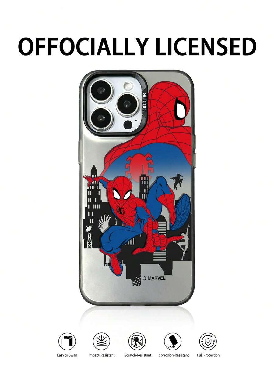 Miniso 1pc New Colorful Silver 3-In-1 PC Hard Shell Dark Silver Official Licensed Marvel Spider-Man Phone Case Compatible With Apple 18 Pro Max/17 Pro/17/16 Pro Max/16 Pro/16/15 Pro Max/15 Pro/15/14 Pro Max/14 Pro/14/13 Pro Max/13 Pro/13/X/XR/11/12 Protective Cover Creative Full Coverage Anti-Drop - Black - View 1