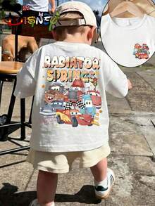 Disney Cars Radiator Springs Double Sided Print Boys T-Shirt, Lightning McQueen & Friends Cartoon Kids Casual Short Sleeve Tee - 白色 - 查看 1