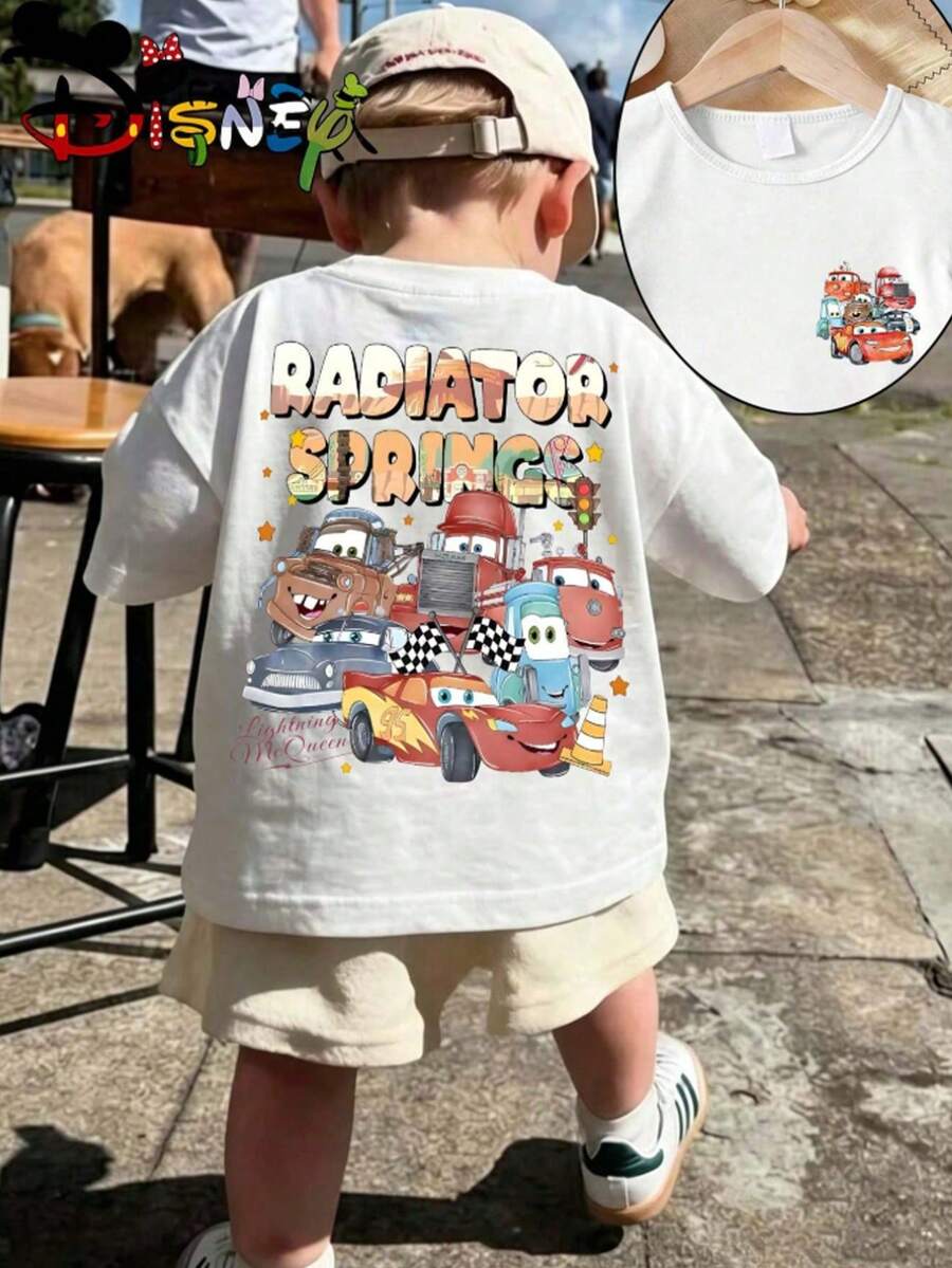 Disney Cars Radiator Springs Double Sided Print Boys T-Shirt, Lightning McQueen & Friends Cartoon Kids Casual Short Sleeve Tee - 白色 - 查看 1
