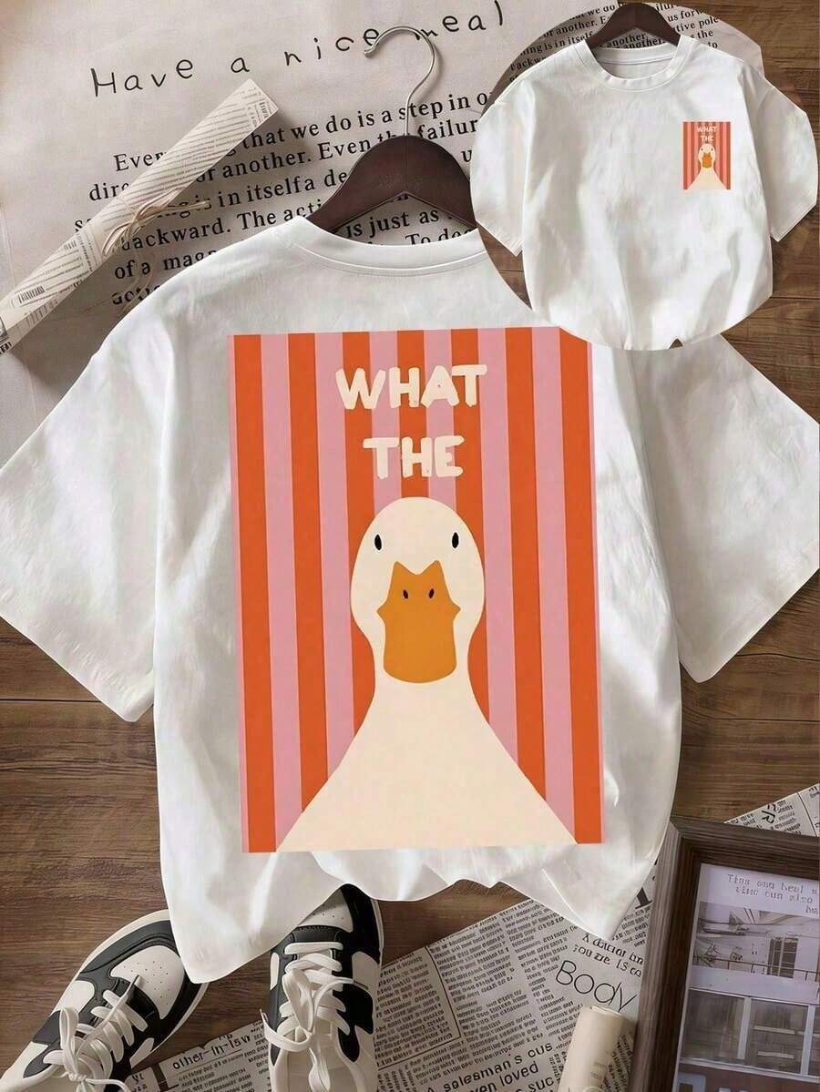 New Summer 2026 Collection [100% Cotton] Women's Summer T-Shirts, Casual Style, Round Neck, Short Sleeve, "Duck" Graphic Print, Casual And Fashionable Women's Clothing. - 白色 - 查看 1