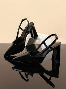 1 Pair Shiny Black Soft PU Teen High Heel Sandals With Silver Metal Buckle, Pointed Toe, Chunky Heel, Princess Style, Suitable For Daily Casual, Home, Party And Outdoor Wear, Summer/Autumn - Black - View 2