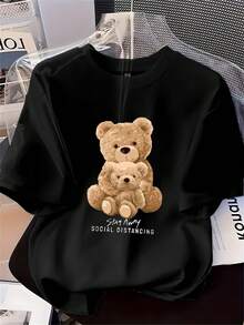 [Women's Printed T-Shirt] Circle Orientation] Women's Printed T-Shirt With Bear Design, Soft, Versatile And Comfortable, Short Sleeve, Ideal For Casual Wear And Elegant Looks In All Styles - 黑色 - 查看 1