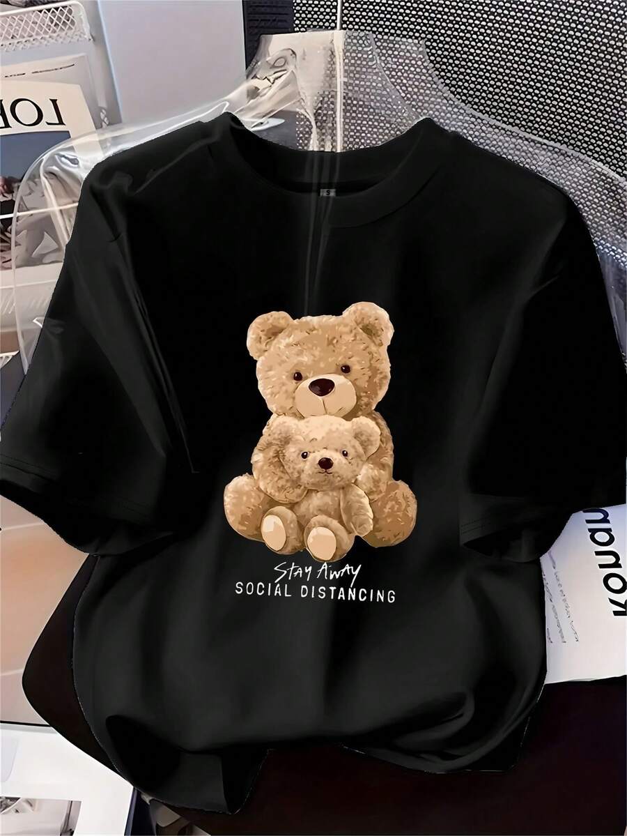 [Women's Printed T-Shirt] Circle Orientation] Women's Printed T-Shirt With Bear Design, Soft, Versatile And Comfortable, Short Sleeve, Ideal For Casual Wear And Elegant Looks In All Styles - 黑色 - 查看 1