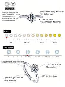 1件時尚925純銀莫桑鑽戒指，925純銀材質，開口可調節，1克拉高純度D色莫桑鑽鑽石，附GRA證書，可輕鬆通過鑽石檢測儀，全S925純銀低過敏，適合日常、商務、派對、婚禮佩戴，訂婚珠寶，高品質珠寶，時尚戒指，永恆戒指，情人節戒指，奢華精緻珠寶禮物適合日常佩戴配件，由大師精心手工打造 - 六爪經典 - 查看 5