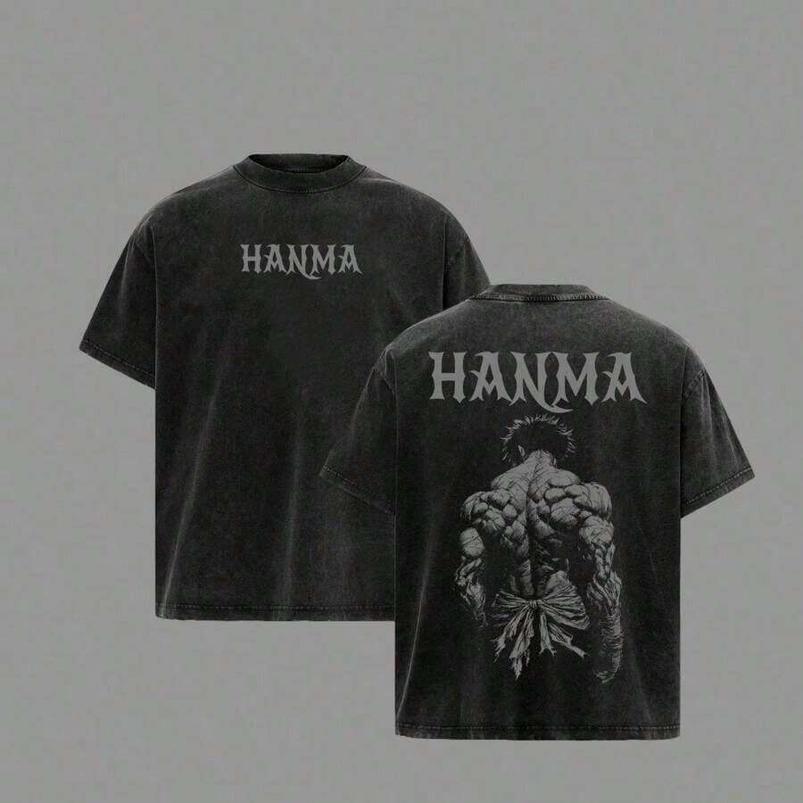 Camiseta Baki Hanma – Estilo urbano holgado y lavado, camiseta con gráficos retro de manga y fuente gótica japonesa oscura, de algodón grueso, corte unisex. - Negro - Ver 1