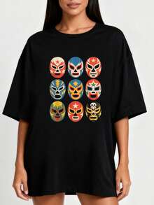 Máscaras de Lucha Libre, Camiseta Divertida de Luchador Mexicano, Camiseta Deportiva de Verano con Cuello Redondo para Mujer con un Bonito Estampado - Negro - Ver 1