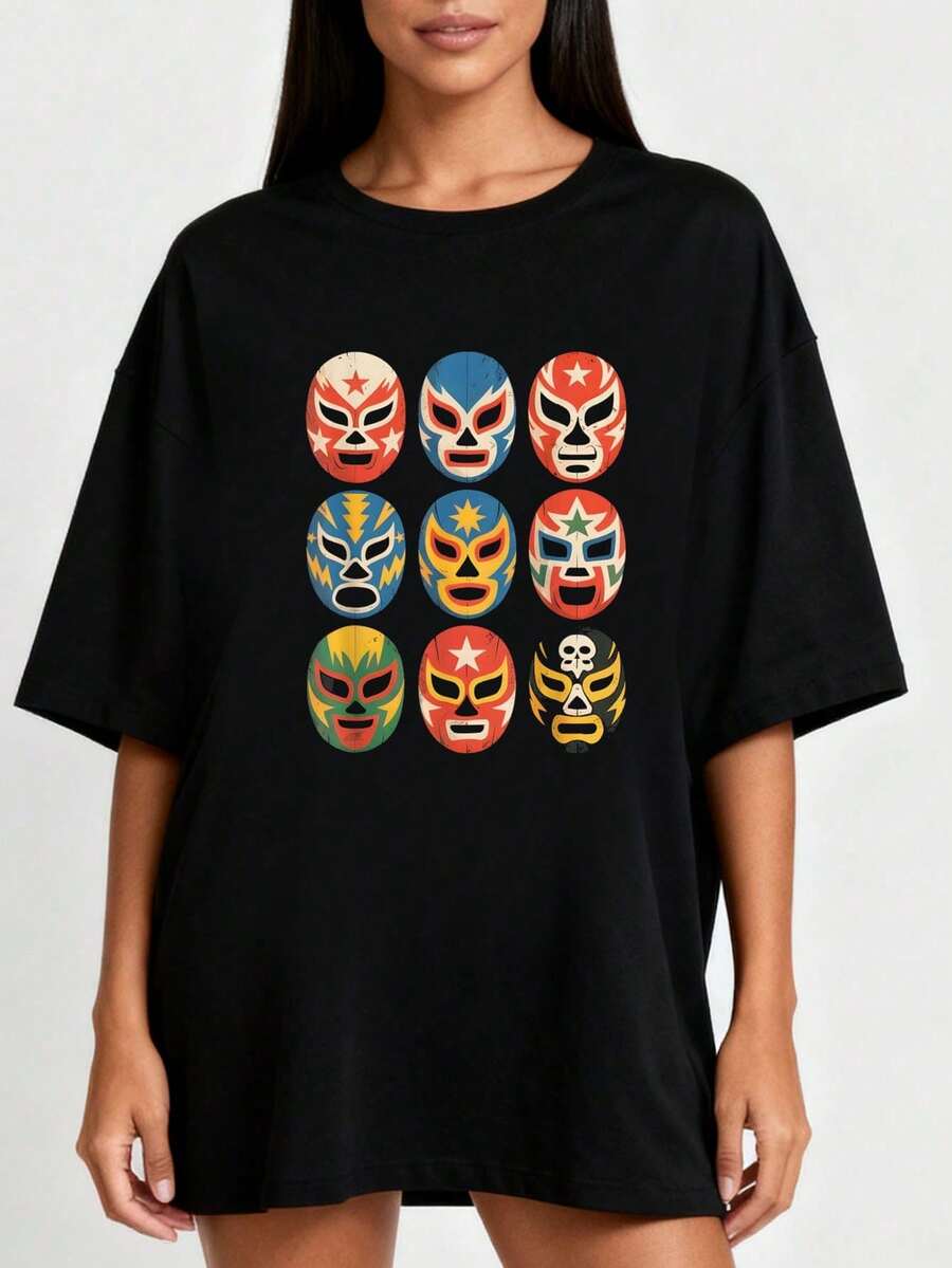 Máscaras de Lucha Libre, Camiseta Divertida de Luchador Mexicano, Camiseta Deportiva de Verano con Cuello Redondo para Mujer con un Bonito Estampado - Negro - Ver 1