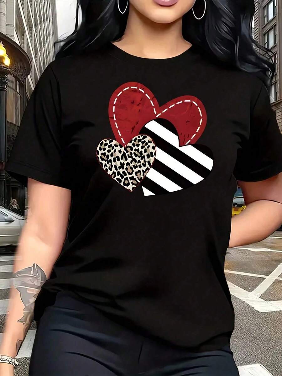 Camiseta de Mujer Talla Grande con Estampado de Leopardo, Cebra y Corazón Rojo, Divertida, de Manga Corta, 100% Algodón, Cuello Redondo, 220g - Negro - Ver 1