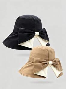 1pc Women's Dual-Tone Bow Bucket Hat, Summer Outdoor Sun Protection Hat, Fashion Versatile Wide Brim Hat For Women - Multicolor - View 7