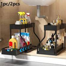 1pc/2pcs Sink Storage Rack, Double Layer L-Shaped Structure With Hooks And Pull-Out Tray, Drill-Free Installation, Suitable For Kitchen Sink Under-Counter Storage, Home Desktop Organization - Multicolor - View 3