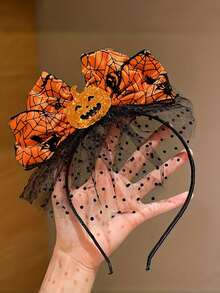 1/2pcs Halloween Pumpkin Headband, Bright Orange Spider Web Bow, Unisex Resin Mesh Headpiece, Adjustable For Adults 15+, Holiday Costume Photo Prop Party Accessory, Suitable For Daily Wear And Photography, Versatile, Vibrant, Easily Enhances Sweet Elegance - View 3