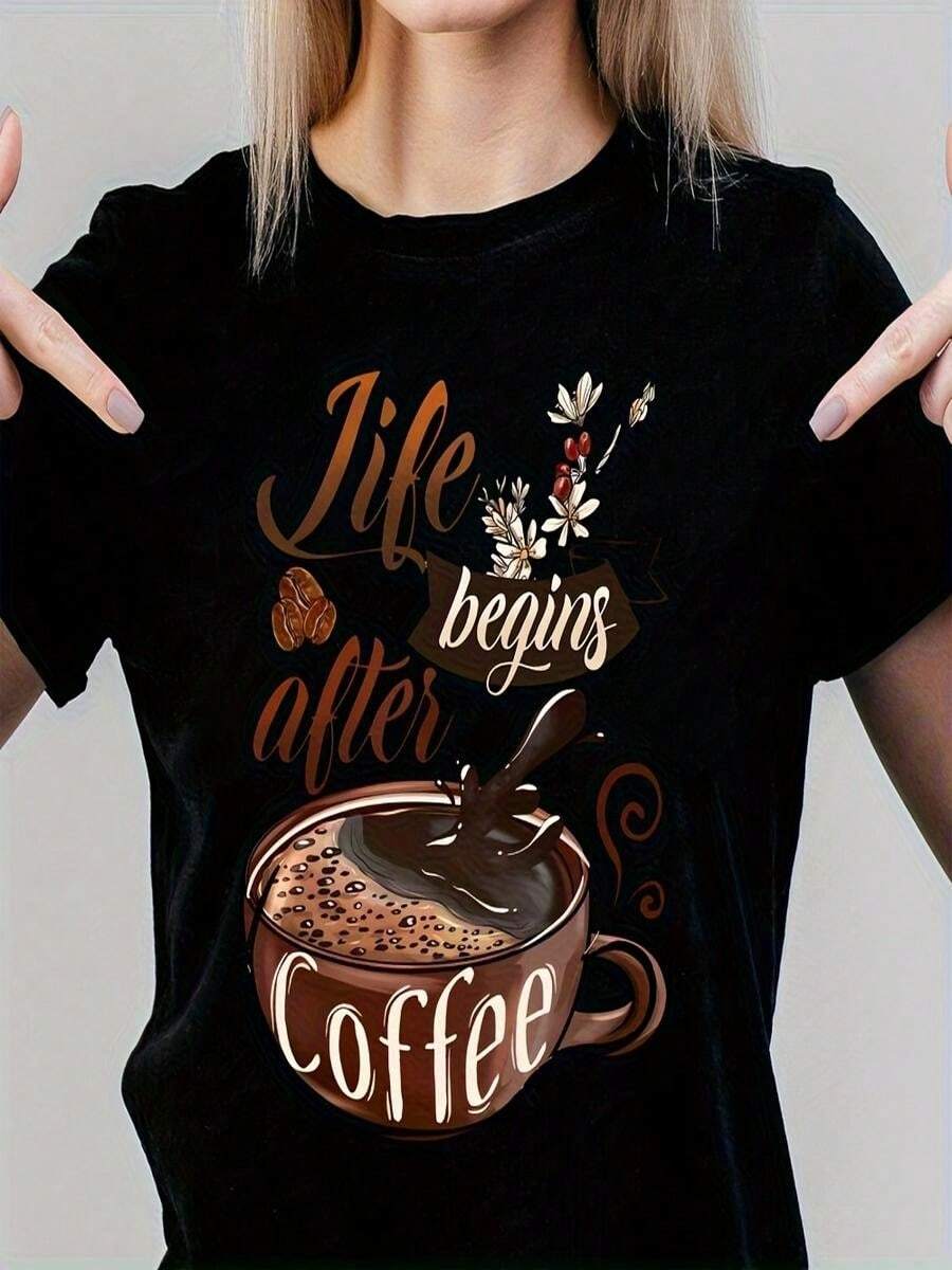 1 pieza de Mujer Playera de manga corta 100% algodón puro, cuello redondo casual con estampado, manga corta transpirable para uso diario, dise?o de tazón de café y flores - Negro - Ver 1