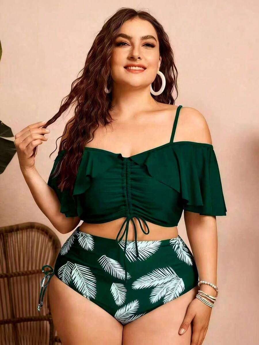 Swim Chiccia Women's Solid Color Spaghetti Strap Off-Shoulder 2-Piece Bikini Set With Ruffles And Drawstring - Elegant And Stylish For Vacation - Green - View 1