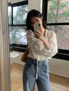 YCYC 甜美風百搭修身荷葉領緞帶百褶鈕扣長袖上衣 白色 - 白色 - 查看 2