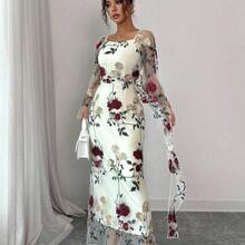Vestido elegante con cuello cuadrado y transparente, con bordado floral, adecuado para reuniones y ocasiones formales, ropa de resort para primavera/verano (bordado aleatorio) - azul real - Ver 6
