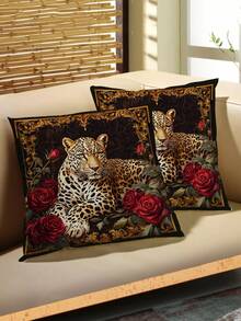 2pcs/Set Fundas de Cojín Vintage Francés con Estampado de Leopardo, Leopardo Perezoso Tumbado en Sofá con Plantas Verdes y Flores, Cojines Decorativos de Lujo Retro para Sala de Estar, Amigable con la Piel, Duradero, Lavable a Máquina, Rellenos de Cojín No Incluidos - Caqui - Ver 10